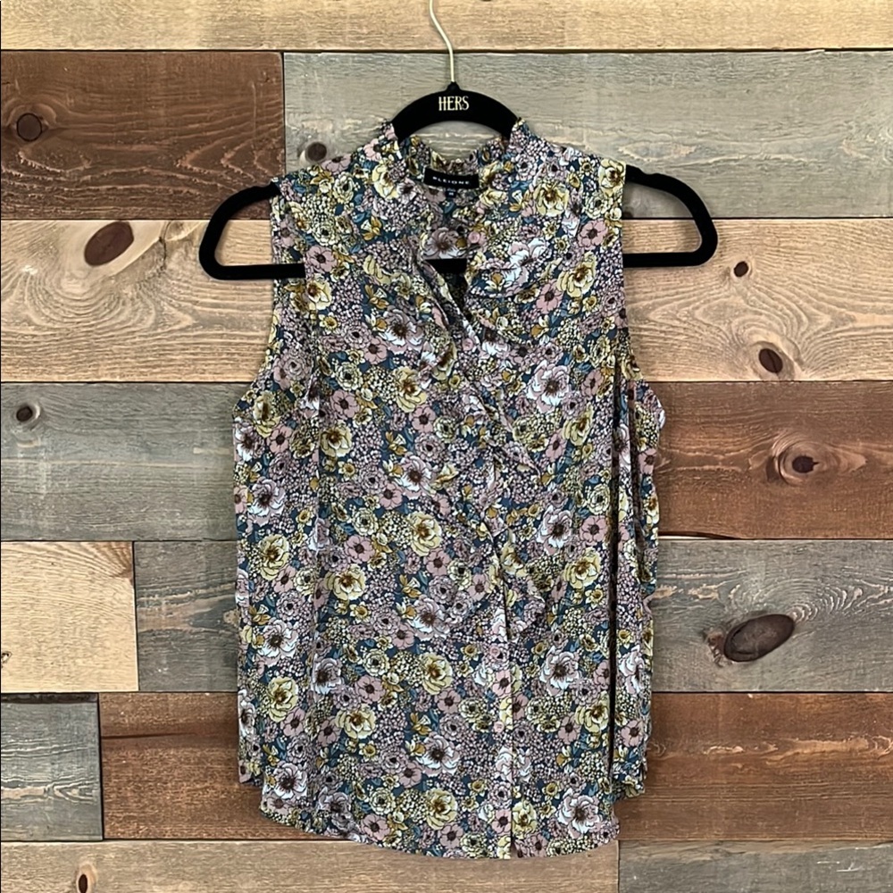 Pleione Floral Sleeveless Button Down Shirt with Ruffled Mandarin Collar